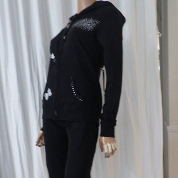 NWT BCBG sz SM MED LG XL 95% cotton BLK SILVER FOIL ROSE BUTTERFLY 2PC TRACKSUIT - Picture 13 of 15